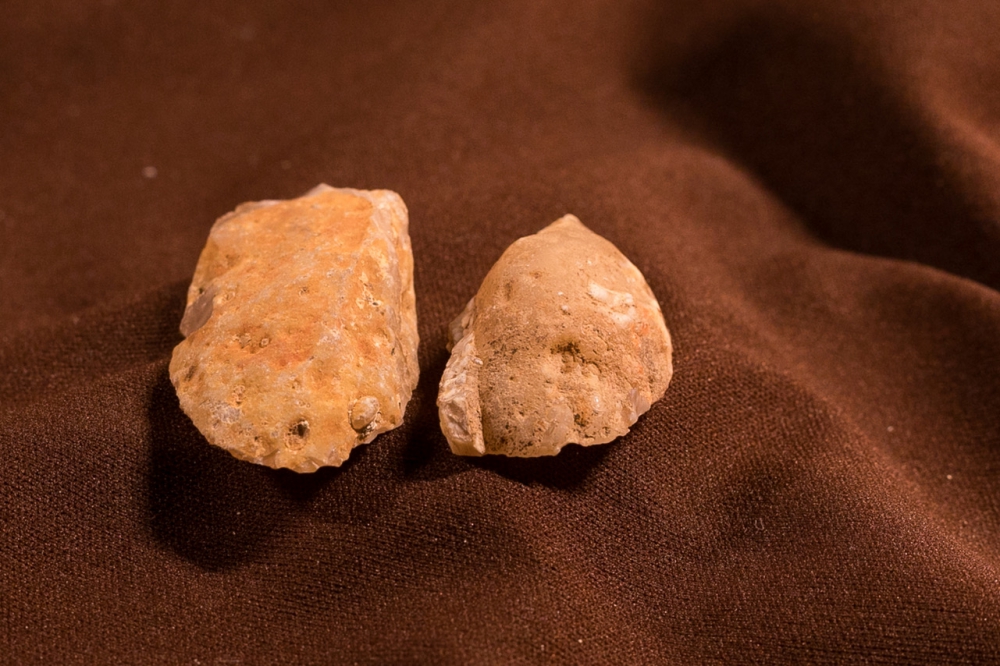 Looks like two small tan rocks and is the exterior of one thumb-sized geode cut into two pieces.