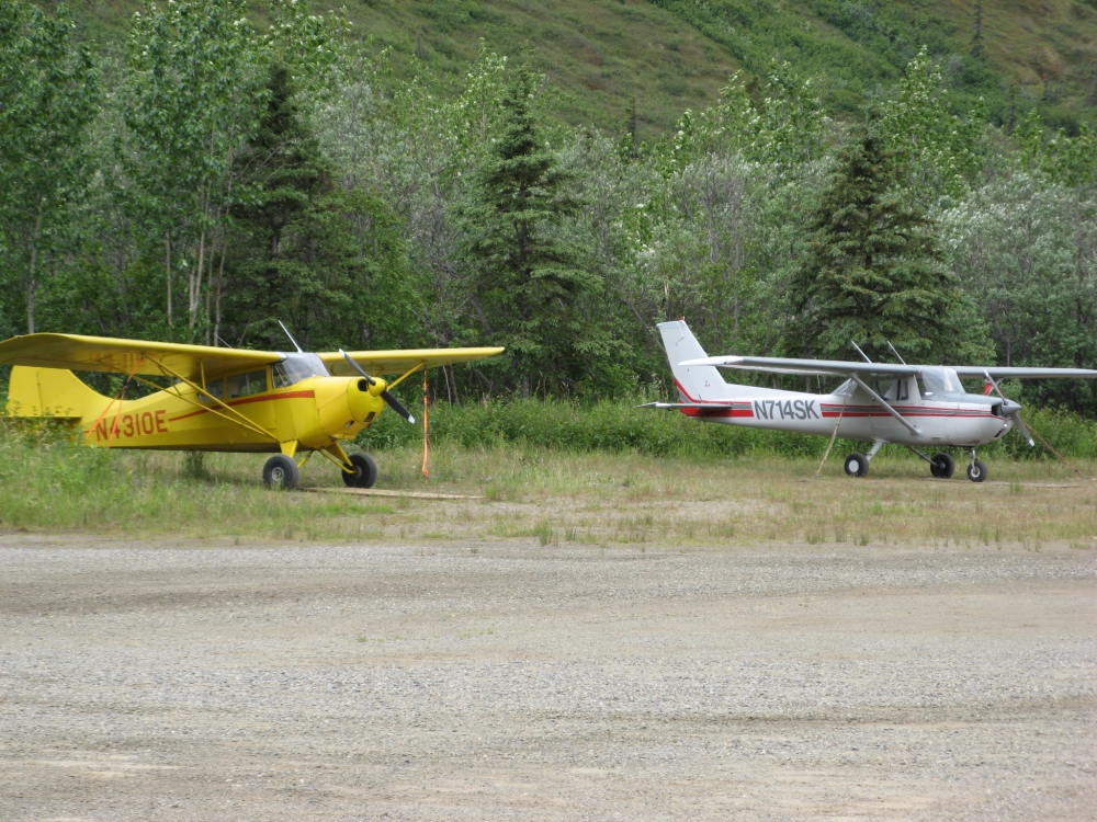 Two planes in the grass beside their dirt runway.