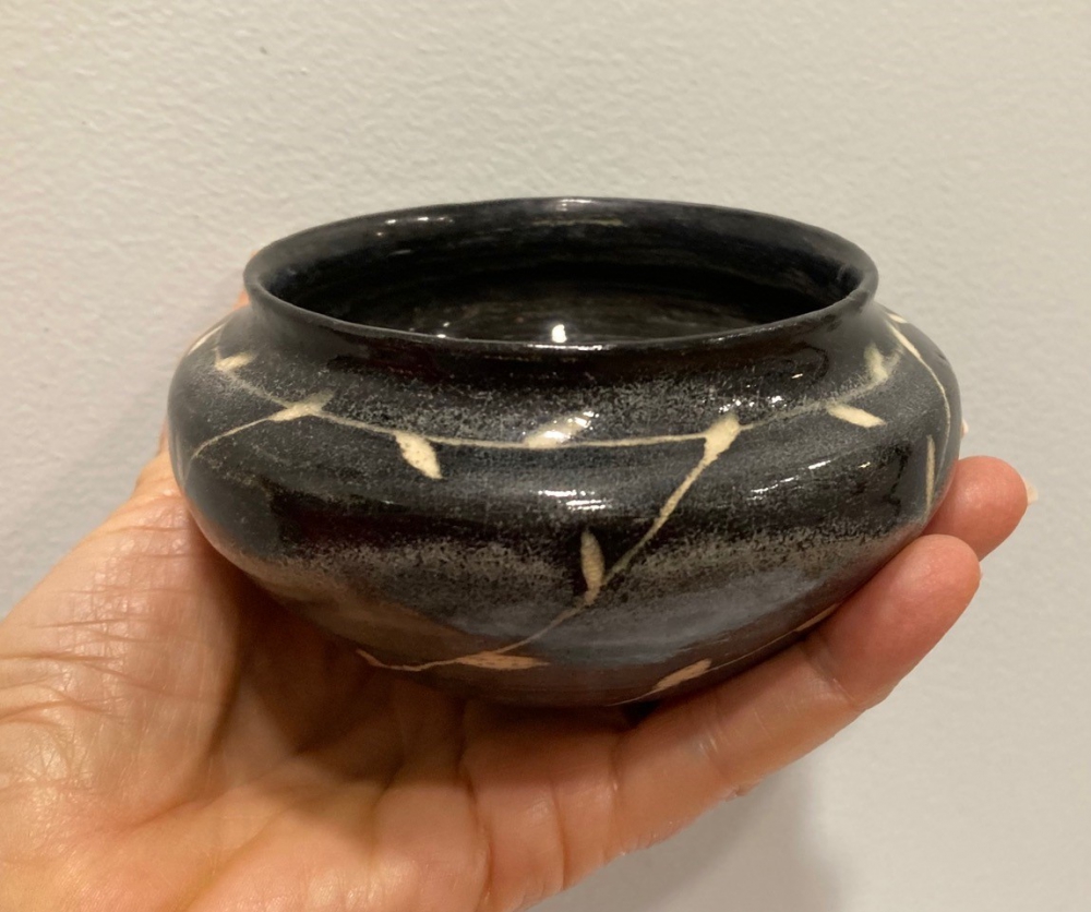 Small decorated pottery Phyllis Kester made on potter's wheel in high school.