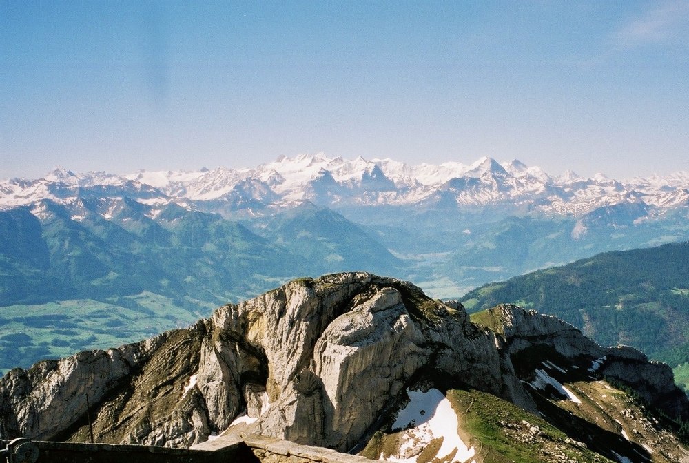 Viewing snowcovered Swiss Alpes from Mount Pilatus near Lucern, Switzerland.