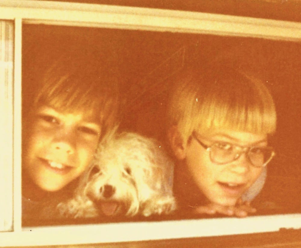 Two happy boys peering through a window with a white cockapoo dog between
