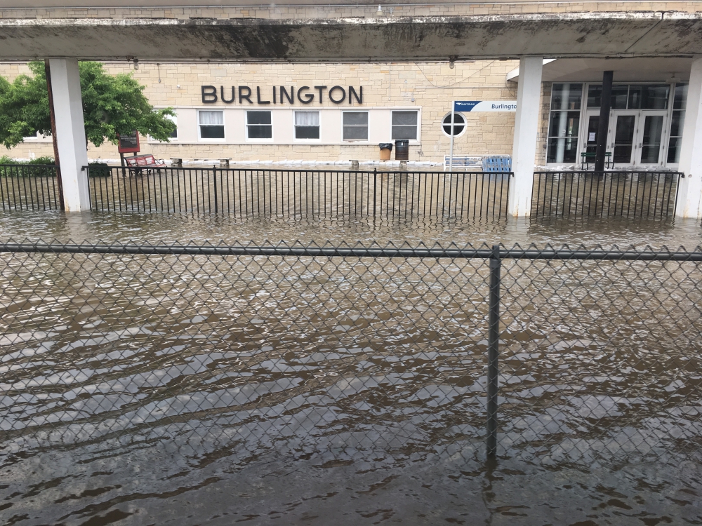 View of Burlington, Ohio, station from AmTrack train as it slowly moved through flooded area in 2019.