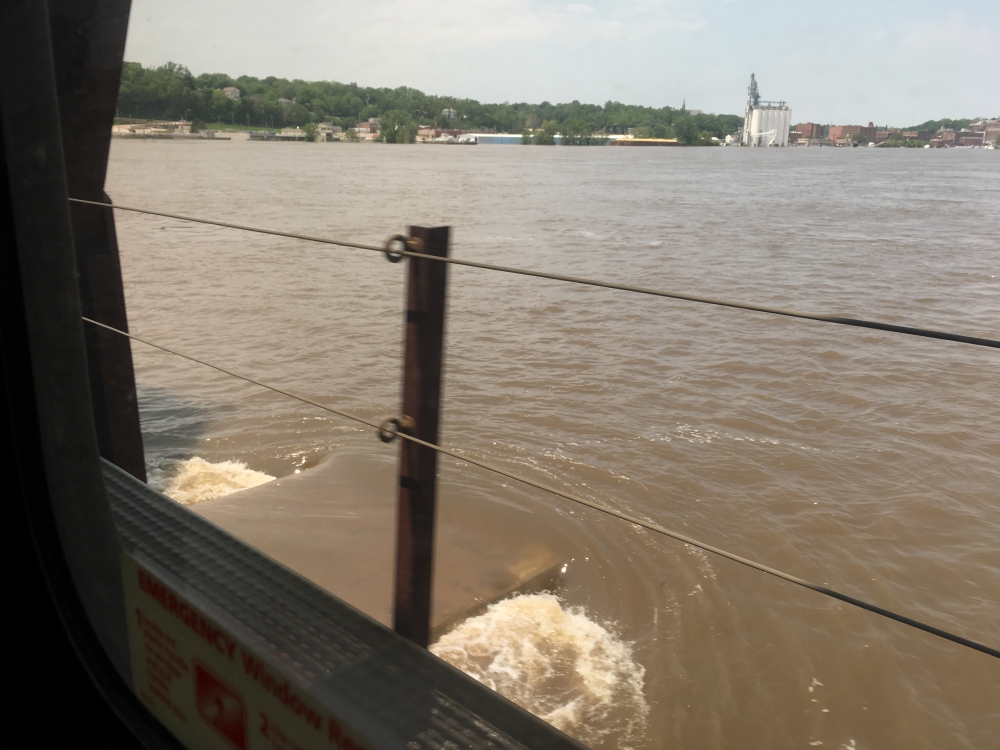 View from window of the train as it moved over the flooded Mississippi River in Spring, 2019.